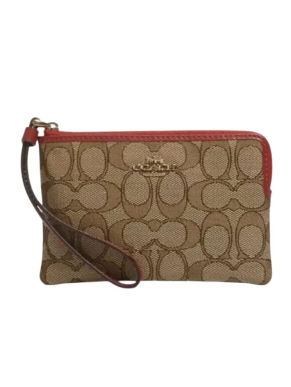 Coach Outline Signature Corner Zip Wristlet F58033 Khaki/True Red